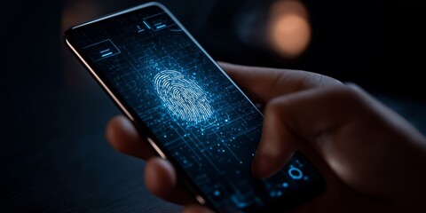 Hand holding smartphone displaying digital fingerprint authentication on screen with technology concept