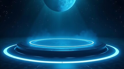 Futuristic neon podium with glowing ring and celestial body above