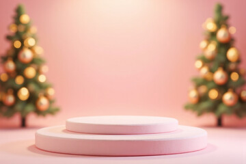 Christmas pink background with round stand podium for products studio in golden blurred bokeh lights. New Year's cylindrical stage platform. Realistic 3d scene for mockup products. vector illustration