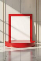 A minimal round blue product platform is placed in front of architectural walls with subtle, intricate carvings. The lighting gently focuses on the product, creating a calm, luxurious environment.