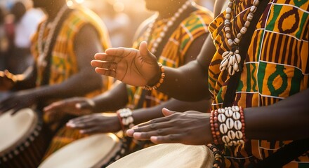 Traditional African drumming performance with hands playing djembe in cultural attire