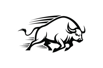 Black Bull Walking on Grass with White Background Isolated