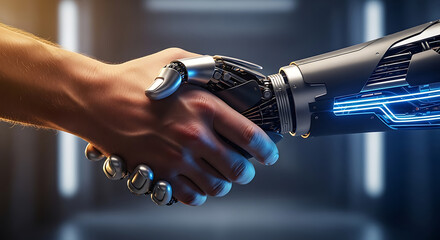 Handshake of Innovation: A human hand clasps with a robotic hand, symbolizing collaboration in futuristic design, in this awe-inspiring image, representing technological partnership, collaboration.