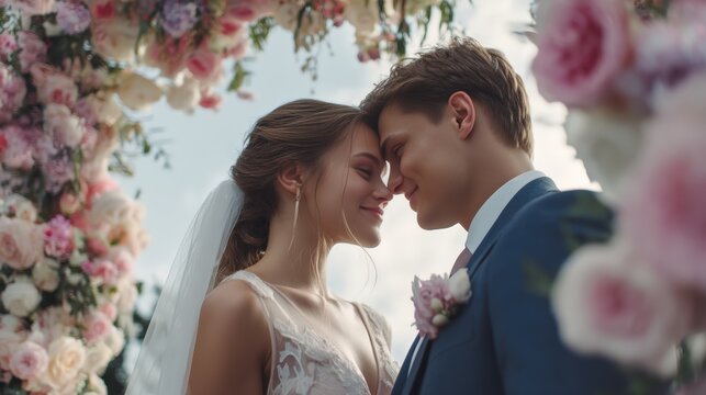 Wedding couple embracing under arch of flowers, elegant formal attire, joyful love-filled atmosphere.