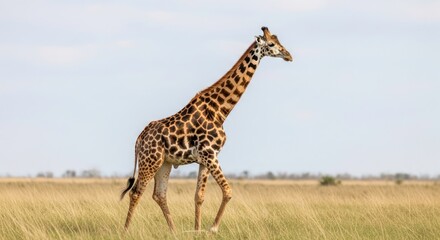 Fototapeta premium Majestic Giraffe Strides Through Sun-Drenched African Savannah Grasslands