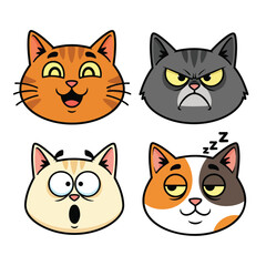 Set of four cartoon cat head illustrations with diverse emotional expressions.