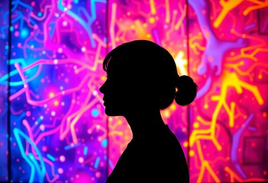 Silhouette profile, digital screens, AI-generated NFT art,  generative art,  screen