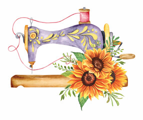 Watercolor illustration of a vintage sewing machine surrounded by sunflowers.