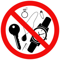 No metallic articles sign. Prohibition sign of key,watch. Flat vector illustration design isolated on white background