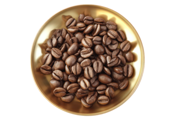 Overhead Shot of Roasted Coffee Beans on a Gold Plate