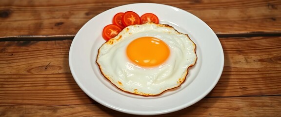 Sunny-side up fried egg on a white plate, rustic wooden table, food photography, culinary