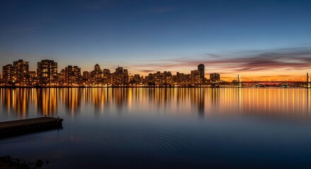 Illuminated Cityscape Reflections at Dusk: Tranquil Waters, Golden Lights, Bridge.