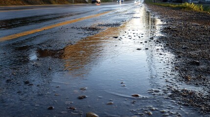 Urban Road with Puddle Reflecting Light and Gravel Edge