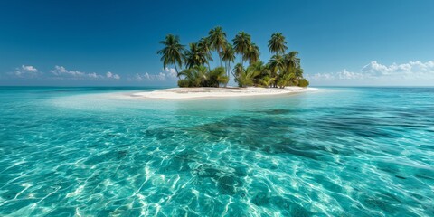 Fototapeta premium Tropical island with palm trees surrounded by crystal clear turquoise water and blue sky
