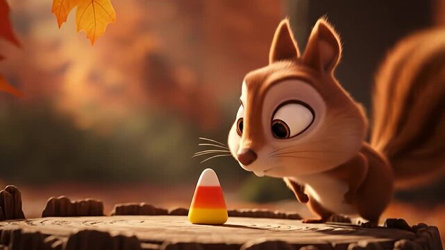A curious squirrel inspecting a piece of candy corn on a wooden stump in a colorful autumn forest
