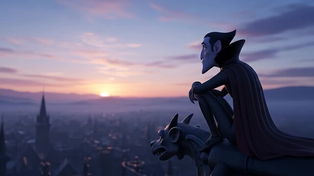 A contemplative figure perched on a gothic rooftop at sunrise, overlooking a misty cityscape