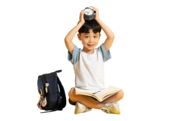 Asian kid A young child holding a clock, with an open book and backpack beside on PNG 
