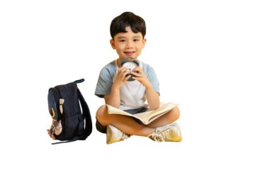 Asian kid A young boy reading a book with a backpack and clock beside him on PNG