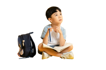 Asian kid A contemplative young boy sits with his schoolbag and notebook, a pencil in hand, gazing upwards. The boy is sitting and looks thoughtful and inquisitive on PNG