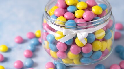 Clear Glass Jar Overflowing with Bright Round Candies and White Ribbon
