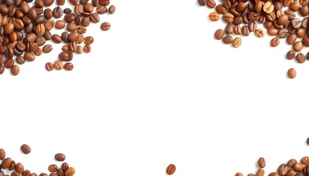 Wide panoramic border of coffee beans, isolated on white Ample copy space,  texture,  light roast