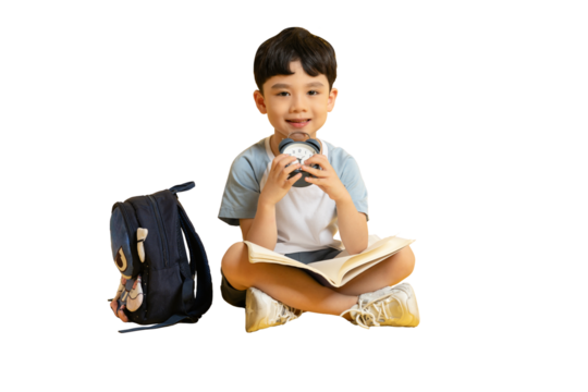 Asian kid A young boy reading a book with a backpack and clock beside him on PNG