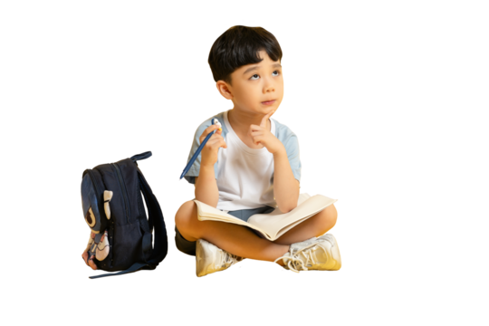 Asian kid A young boy is sitting and pondering, surrounded by a notebook and a pencil, appearing contemplative on PNG