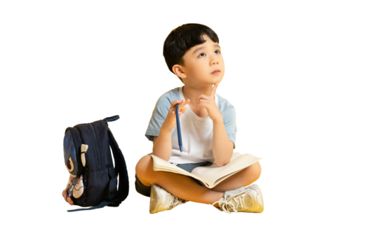 Asian kid A contemplative young boy sits with his schoolbag and notebook, a pencil in hand, gazing upwards. The boy is sitting and looks thoughtful and inquisitive on PNG