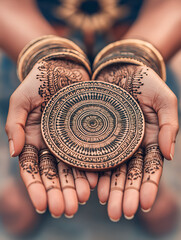 Woman's Hands Holding a Circular Carved Disc