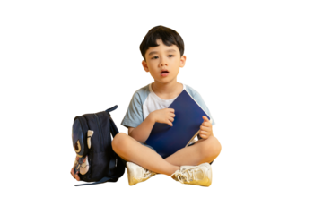 Asian kid A young student sitting with a book and backpack, ready for learning PNG