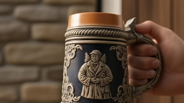 A hand holding a decorative beer stein with intricate designs in a cozy indoor setting