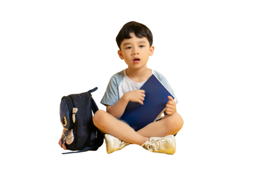 Asian kid A young student sitting with a book and backpack, ready for learning PNG - Powered by Adobe