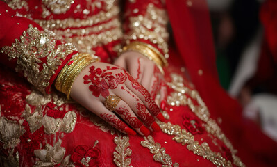 Close-up of a Bride's Hands on a Red Wedding Dress