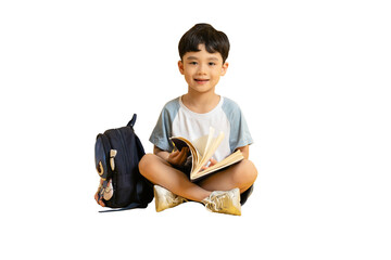 Asian kid A young boy reading a book, sitting near a backpack PNG