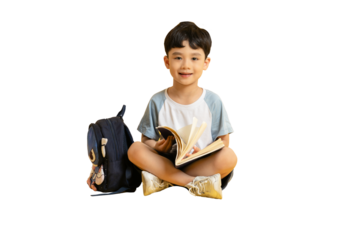 Asian kid A young boy reading a book, sitting near a backpack PNG