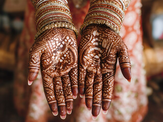 An Indian Bride's Hands with Detailed Henna and Bangles