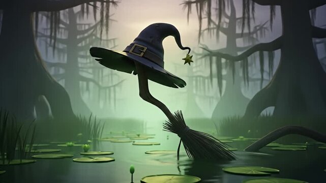 Enchanted witch hat perched on a broomstick in a misty swamp with lily pads at dusk