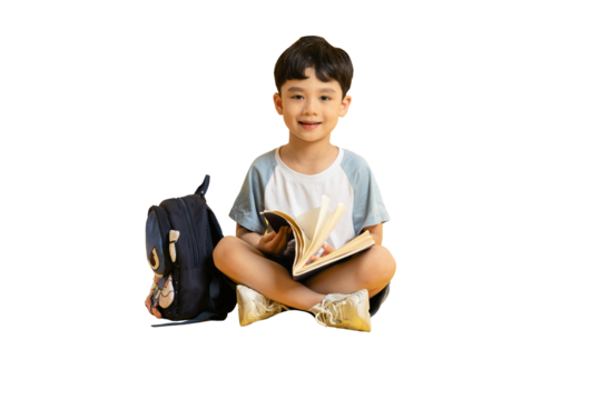 Asian kid A young boy reading a book, sitting near a backpack PNG