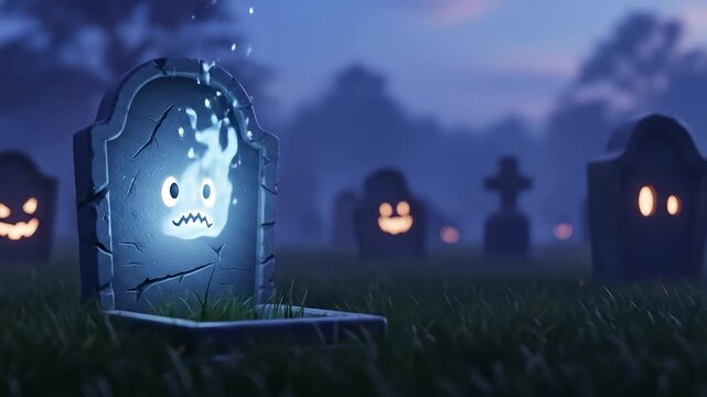 A spooky graveyard scene at dusk featuring glowing tombstones and eerie spirits among the shadows