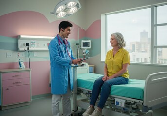 Obraz premium Doctor nurse and patient support and discussion at hospital for consulting, assistance discussion and doing meeting home