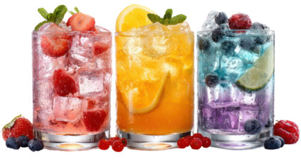 A set of three colorful non-alcoholic drinks with ice and garnish, transparent background