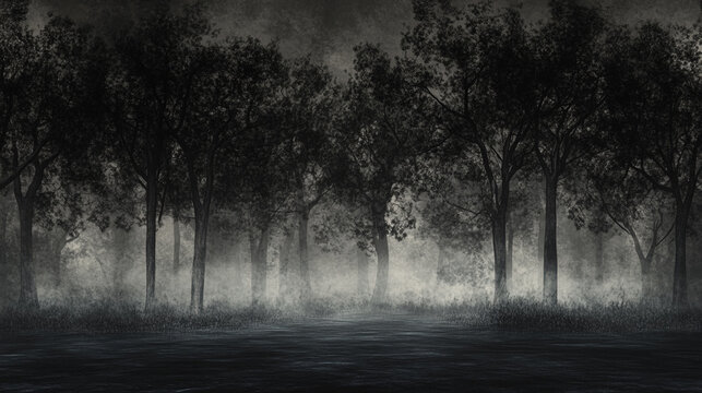 Dark forest scene misty and mysterious trees shadows and water