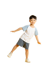 Asian kid A happy boy balancing with his arms spread on a white background in PNG
