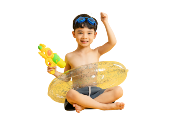 Asian kid A cheerful young boy is ready for summer fun, sitting with a water gun and an inflatable ring. He wears swim goggles and raises his arm in excitement on PNG