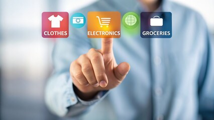 Mobile First Commerce Touchscreen interface displaying categories like clothes, electronics, and groceries.