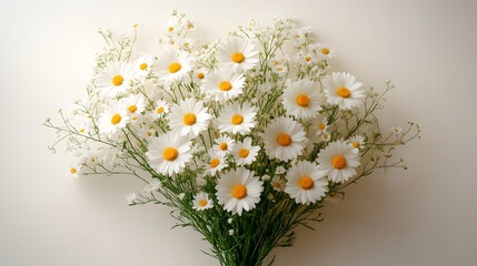 Fototapeta premium Beautiful bouquet of daisies arranged with delicate fillers on a neutral background