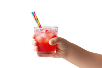 Child's hand holding a colorful fruit punch mocktail with straw, transparent background