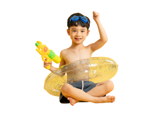 Asian kid A cheerful young boy is ready for summer fun, sitting with a water gun and an inflatable ring. He wears swim goggles and raises his arm in excitement on PNG - Powered by Adobe