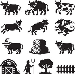 Naklejka premium Whimsical farm and cow icons with dragon and witch Keywords: cow silhouette, bull silhouette, farm