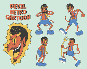 Retro Devil Cartoon Character Set